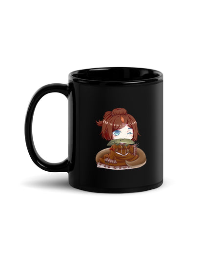 An image of the left side of an 11 ounce black mug featuring an anthropomorphic anime style Spinosaurus girl.