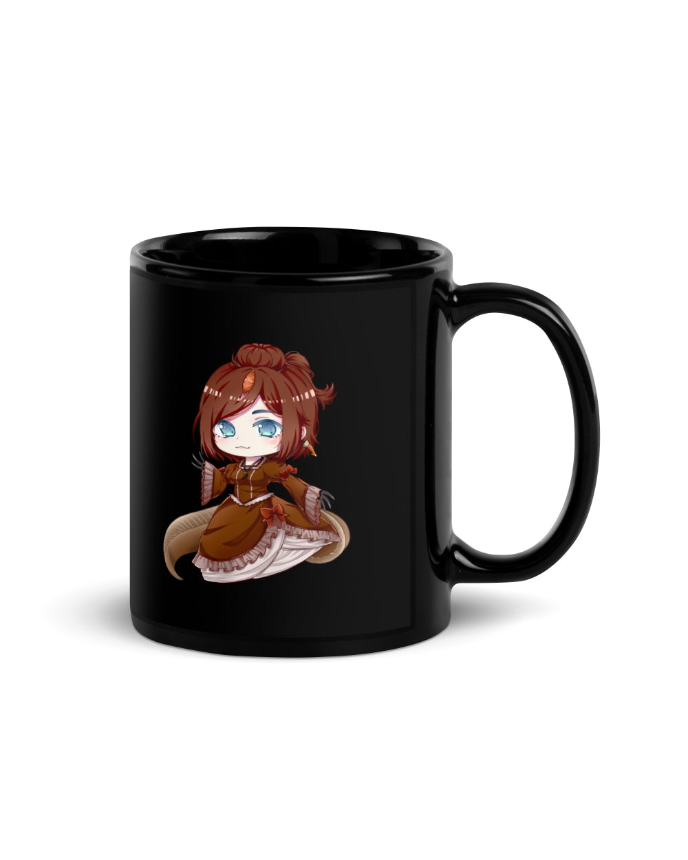 An image of the right side of an 11 ounce black mug featuring an anthropomorphic anime style Spinosaurus girl.