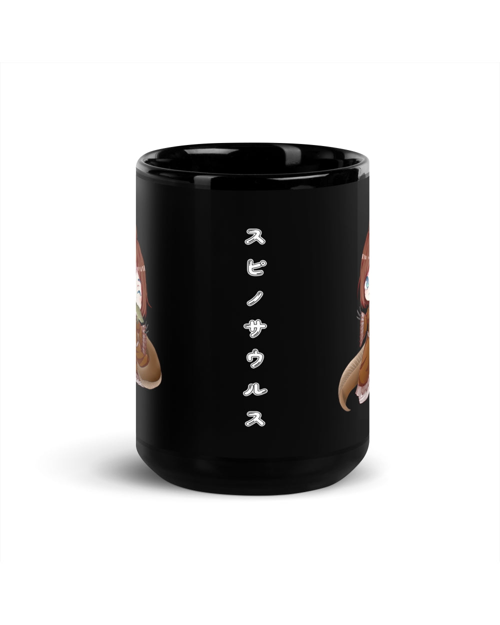 An image of the back of a 15 ounce black mug that writes, "Spinosaurus" in Japanese katakana.