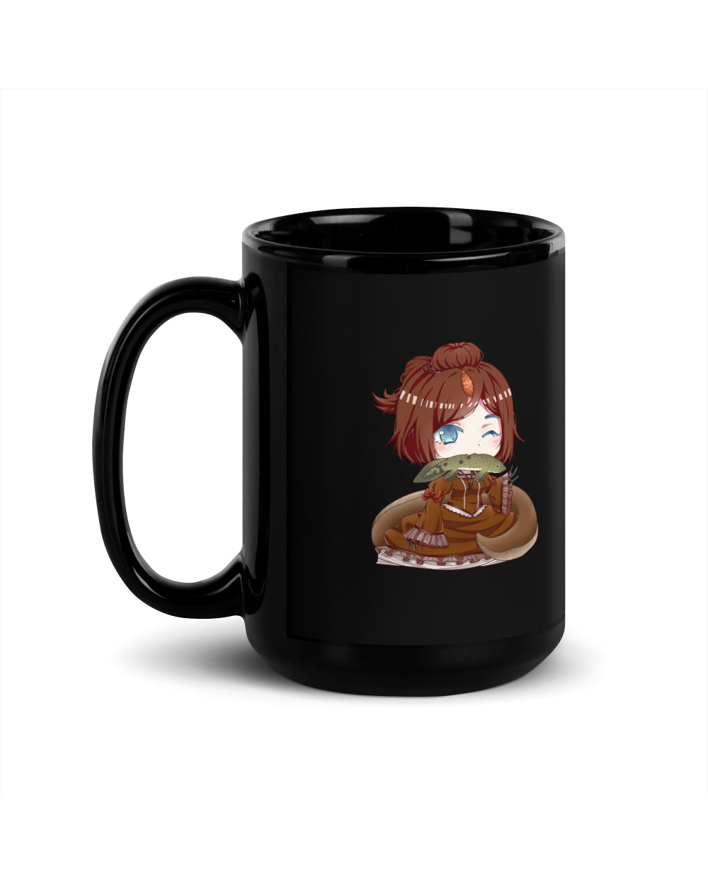 An image of the left side of a 15 ounce black mug featuring an anthropomorphic anime style Spinosaurus girl.