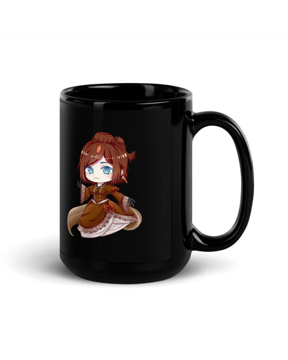 An image of the right side of a 15 ounce black mug featuring an anthropomorphic anime style Spinosaurus girl.