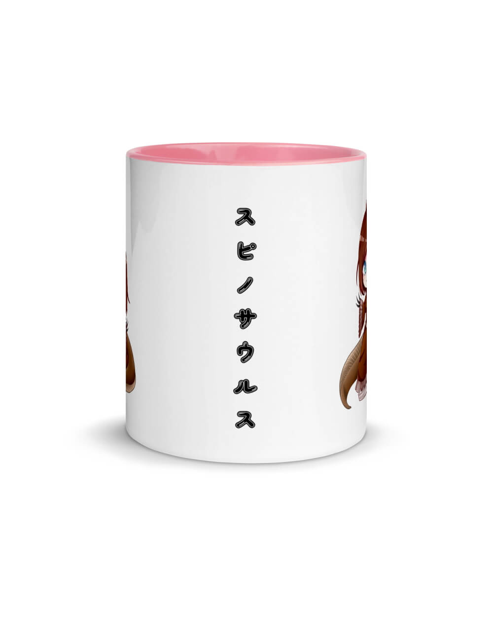 An image of the back of an 11 ounce white mug with pink rims that writes, "Spinosaurus" in Japanese katakana.