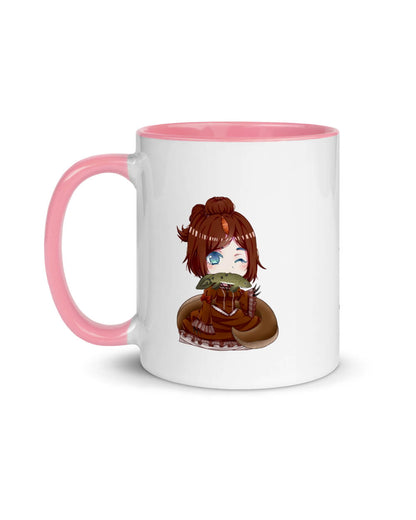 An image of the left side of an 11 ounce white mug with pink rims featuring an anthropomorphic anime style Spinosaurus girl.