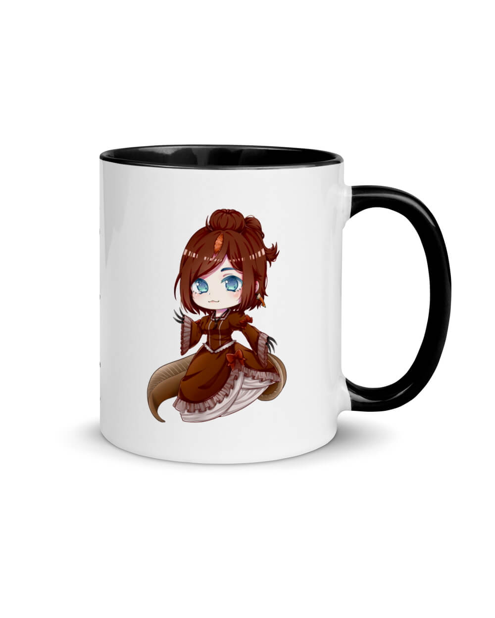 An image of the right side of a 11 ounce white mug with black rims featuring an anthropomorphic anime style Spinosaurus girl.