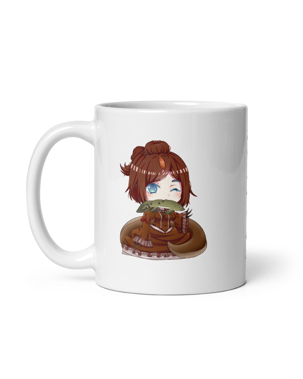 An image of the left side of an 11 ounce white mug featuring an anthropomorphic anime style Spinosaurus girl.