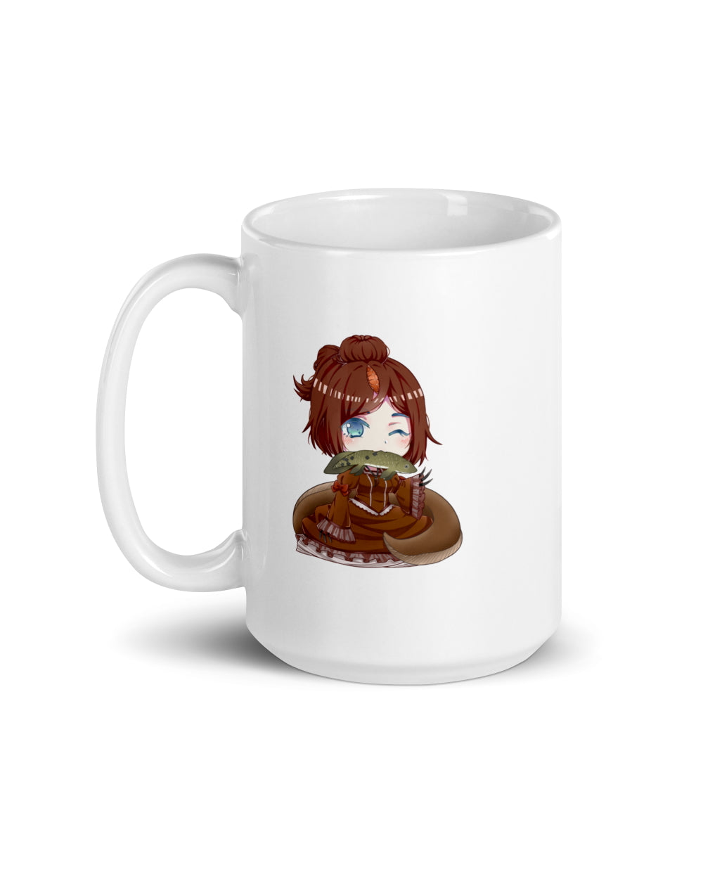 An image of the left side of a 15 ounce white mug featuring an anthropomorphic anime style Spinosaurus girl.