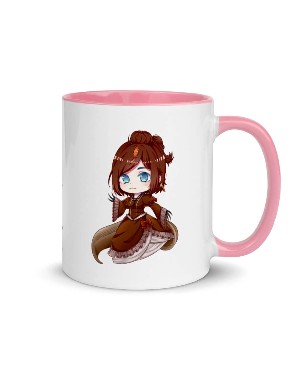 An image of the right side of an 11 ounce white mug with pink rims featuring an anthropomorphic anime style Spinosaurus girl.