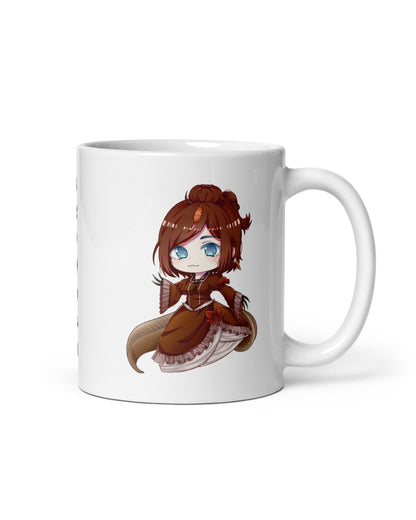 An image of the right side of an 11 ounce white mug featuring an anthropomorphic anime style Spinosaurus girl.