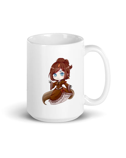 An image of the right side of a 15 ounce white mug featuring an anthropomorphic anime style Spinosaurus girl.